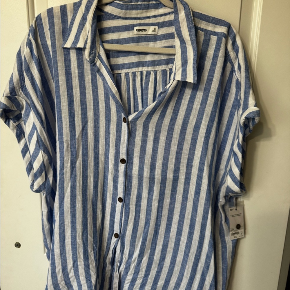 Sonoma Blue & White Vertical Stripe Casual Button-Down